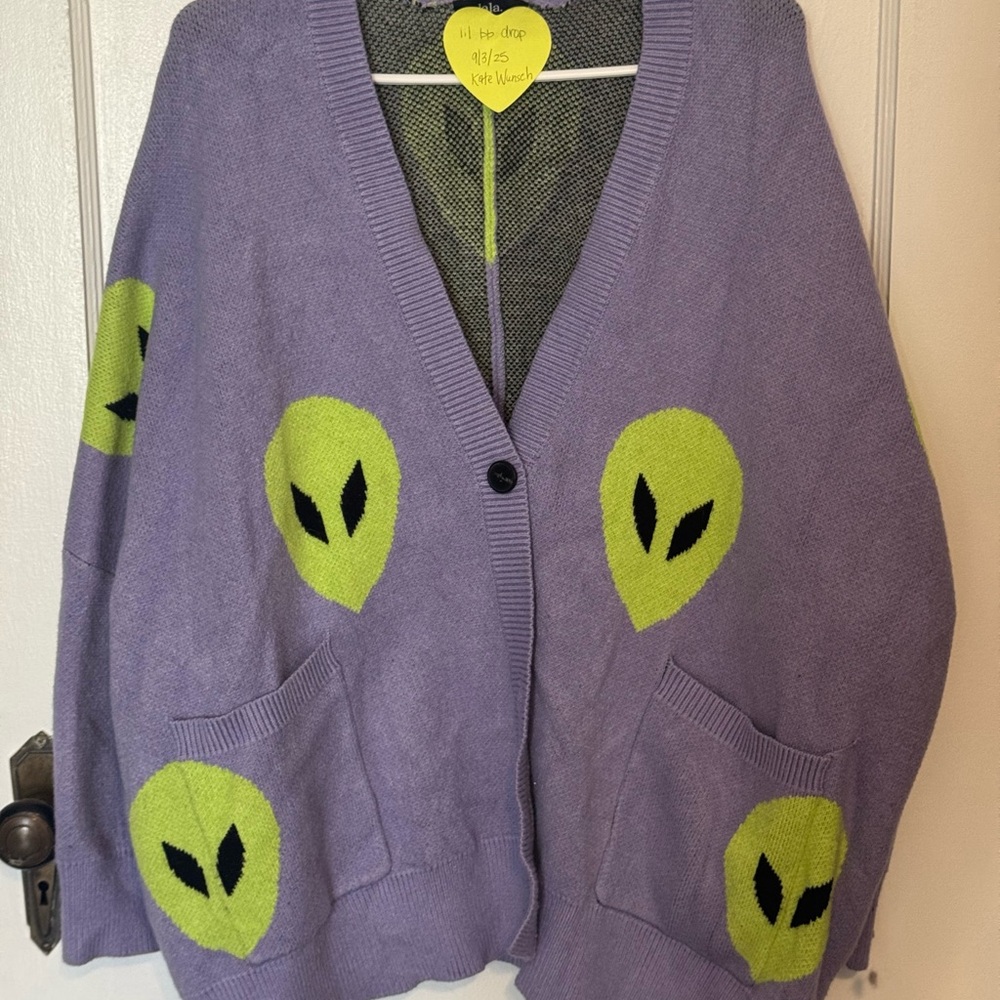 Dressed in LALA Purple and Green Alien Cardigan
